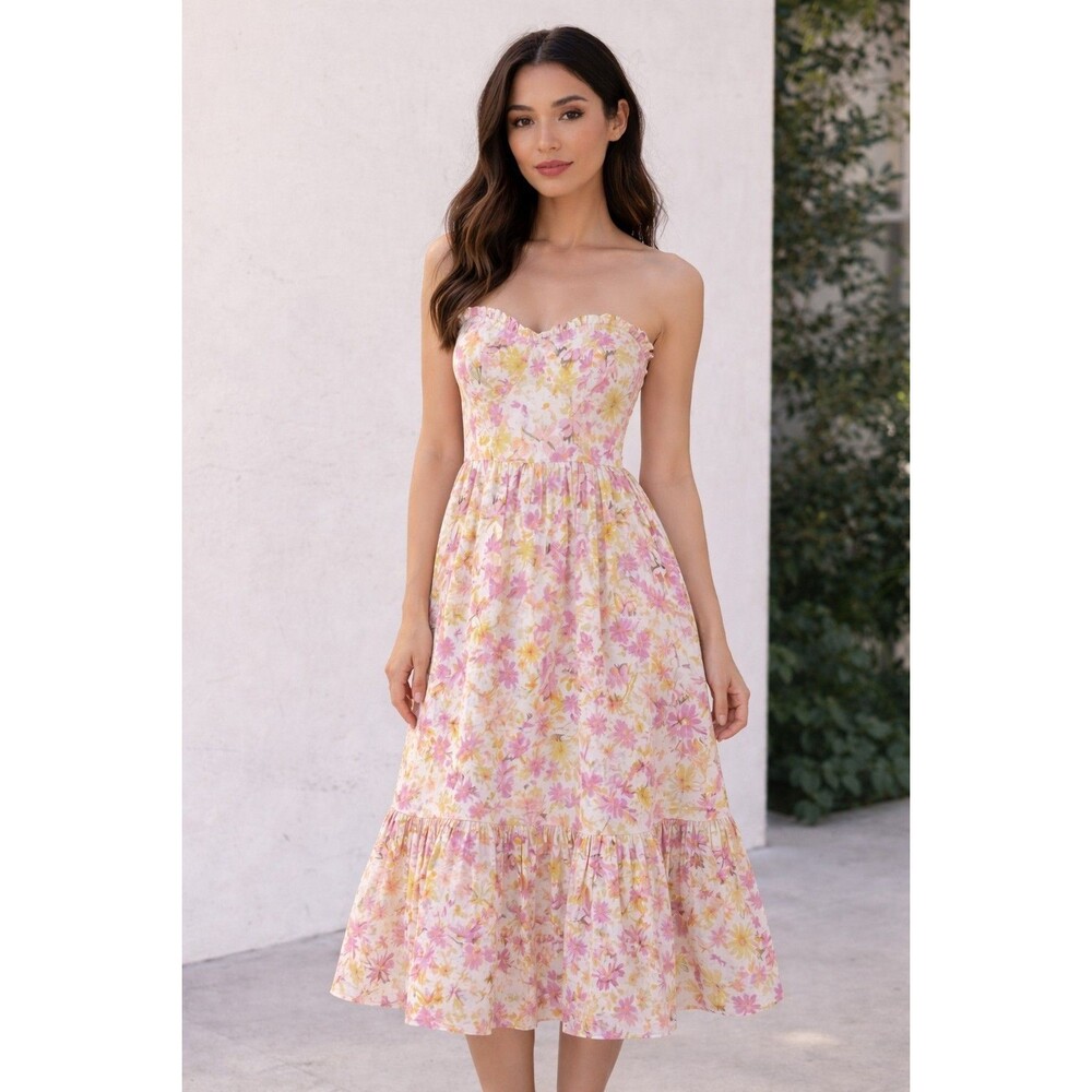 Storia Cotton Strapless Tiered Midi Summer Dress Size Small